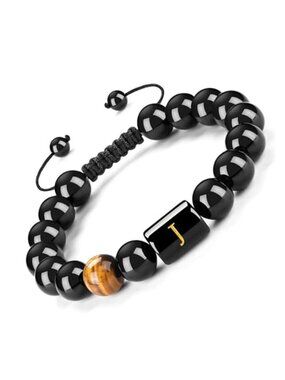 Mens Initial Bracelet Black Onyx Tiger Eye Beads Braided Rope Letter Link